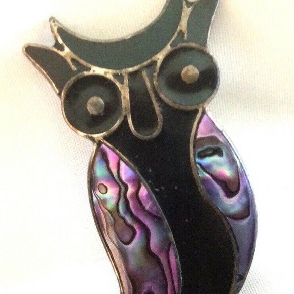 Vintage Silver Alpaca Mexico Black Onyx Abalone Shell Owl pin brooch - Picture 2 of 4